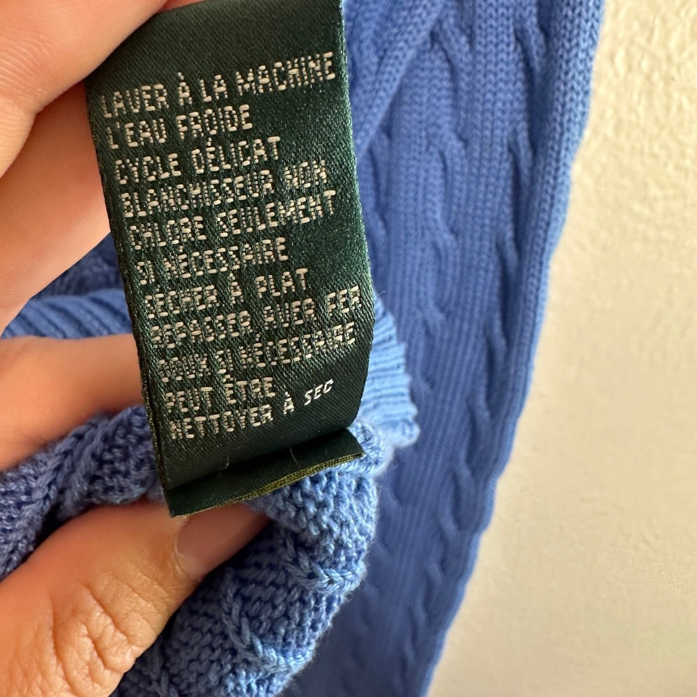 Vtg Ralph Lauren Active Blue Cable Knit V-Neck Crest Sweater Cotton Y2K Rugby L - Picture 8 of 9